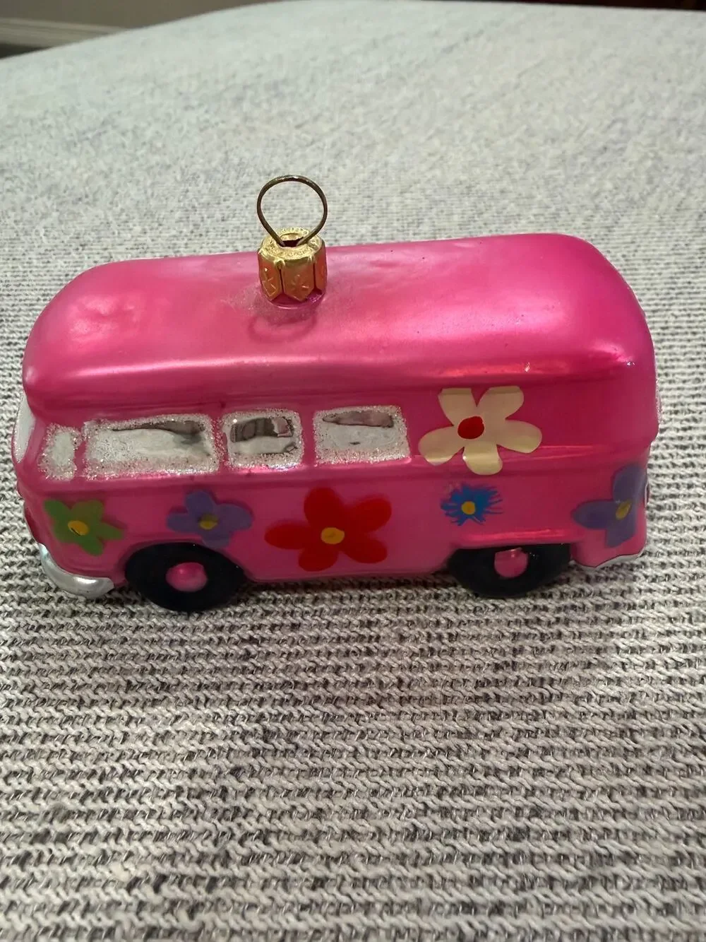 Hippie Bus Glass Christmas Ornament Pink Retro Van Peace Flower Power.